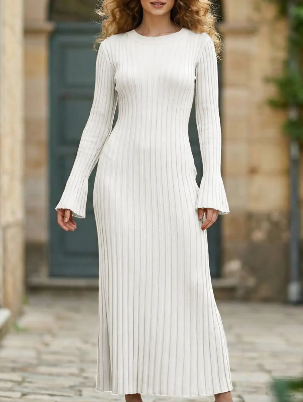 Fitted Waist Ribbed Knit Dress