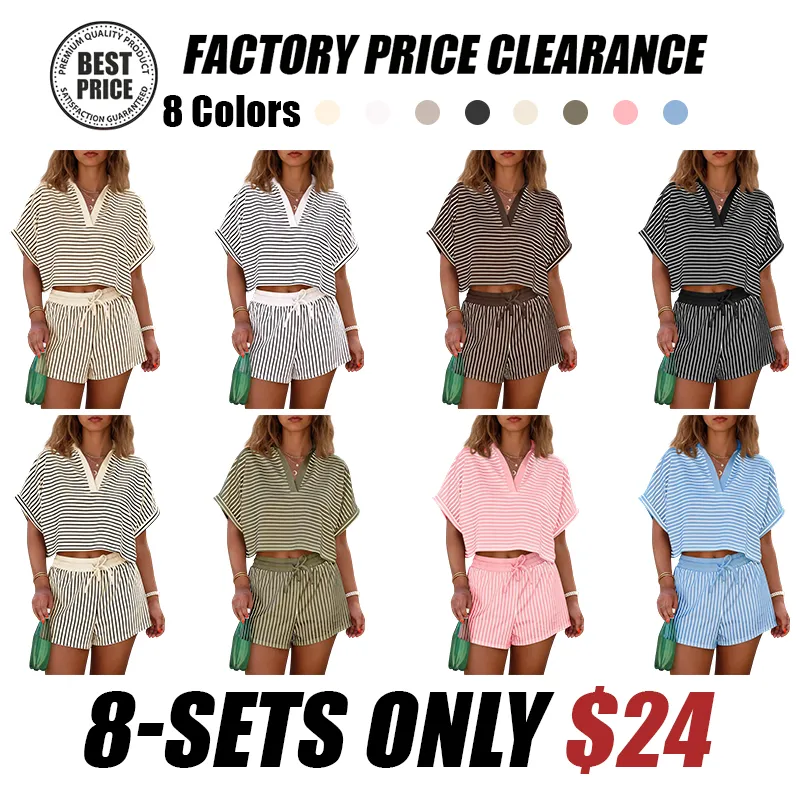 Women's striped two-piece short-sleeved suit——1 for as low as $1.5