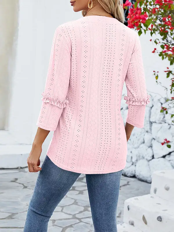 Relaxed Three Quarter Sleeves Jacquard V-Neck T-Shirt