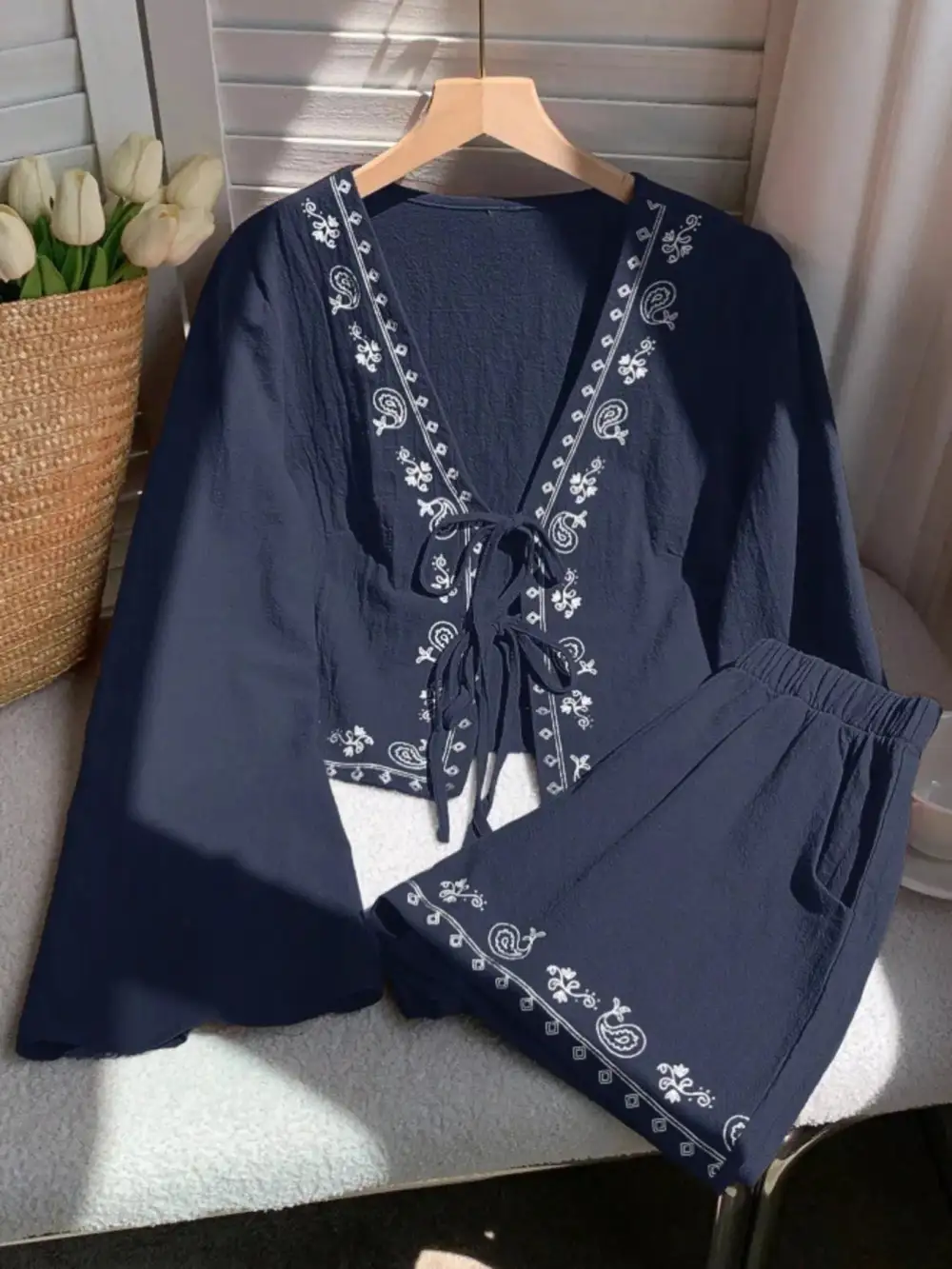 Embroidered Tie Front Top & Shorts Set