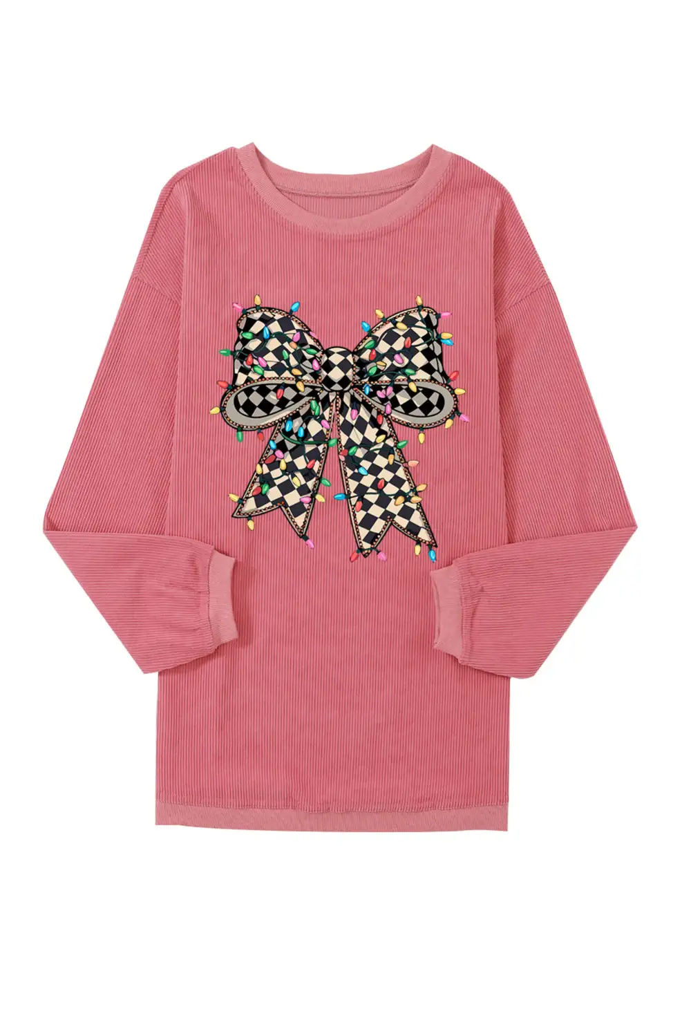 Bow Accent Ribbed Printed Crewneck Sweatshirt