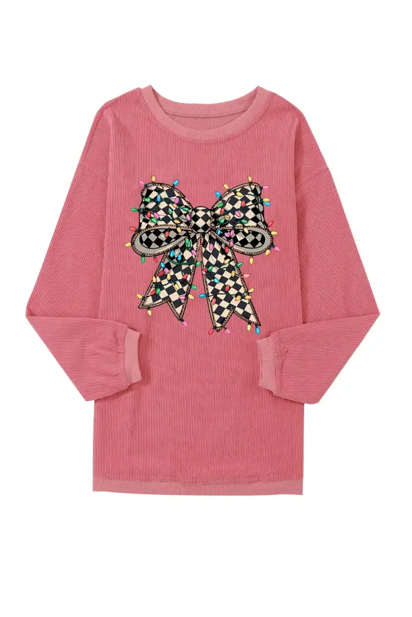 Bow Accent Ribbed Printed Crewneck Sweatshirt