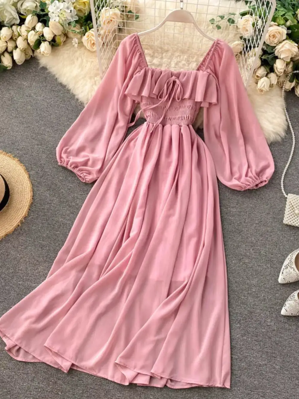 Square Neck Ruffle Dress Casual