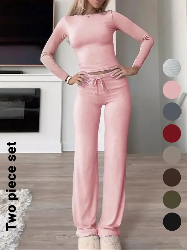Women's Solid Color Long Sleeve Crop Tee & High-Waisted Drawstring Pants Set, Casual Everyday Slim Fit Outfit for Fall & Winter Seasons