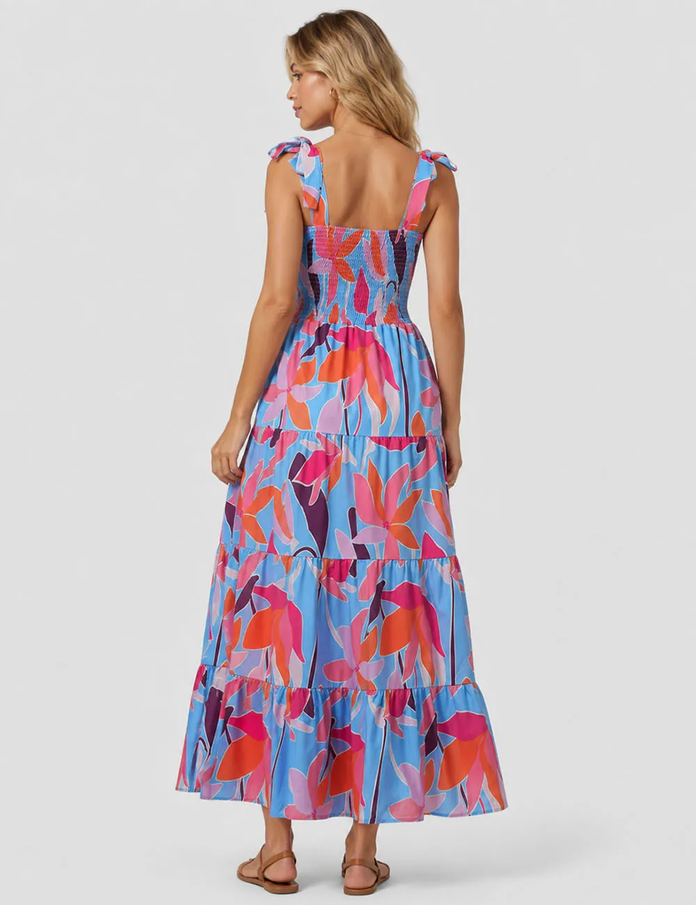 Abstract Smocked Strap Square Neck Midi Dress
