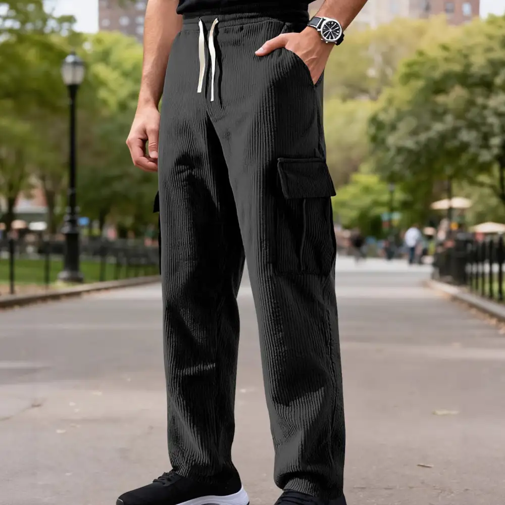 Men's Casual Corduroy Cargo Pants Waist Straight Leg Pockets