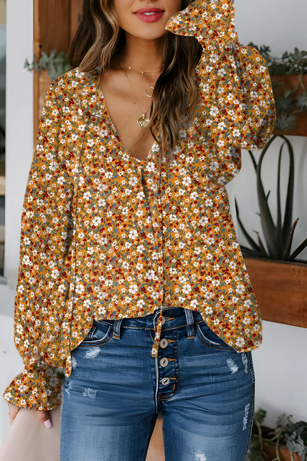 Floral Ruffle Trim Bubble Sleeve Blouse