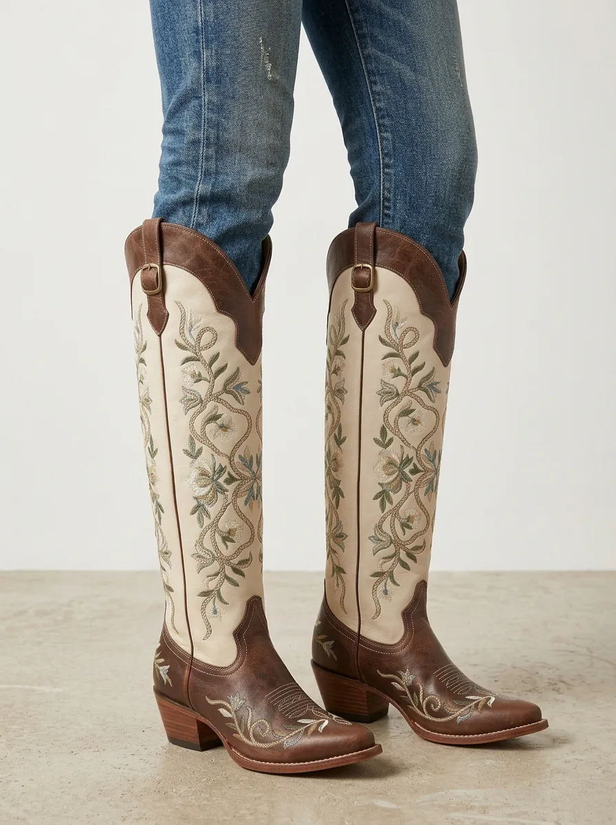 Women's Floral Embroidered Block-Heel Western Denim Over-the-Knee Boots