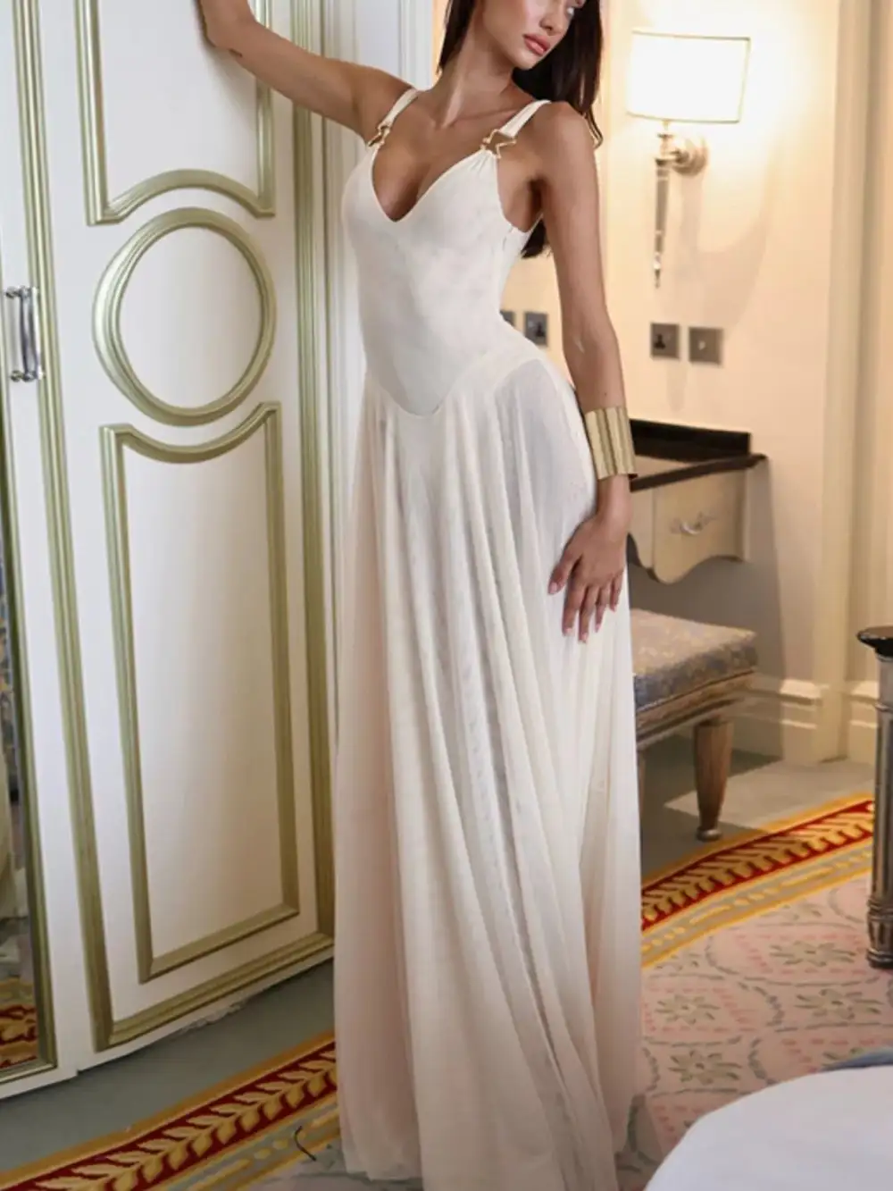 Sleeveless Sheer Maxi Dress with Hardware Detail