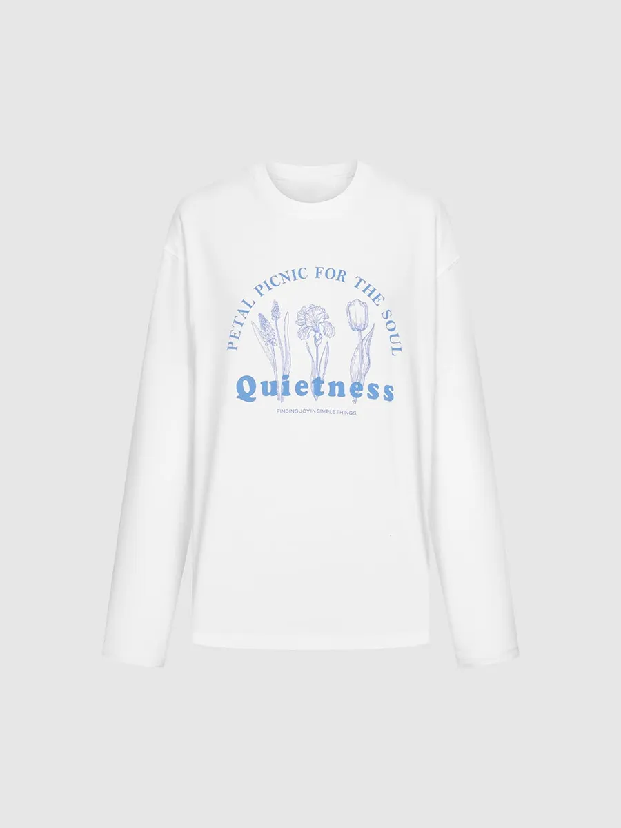 Ladies' Floral Color Lead Drawing Printed Pure Cotton Casual Style T-Shirt