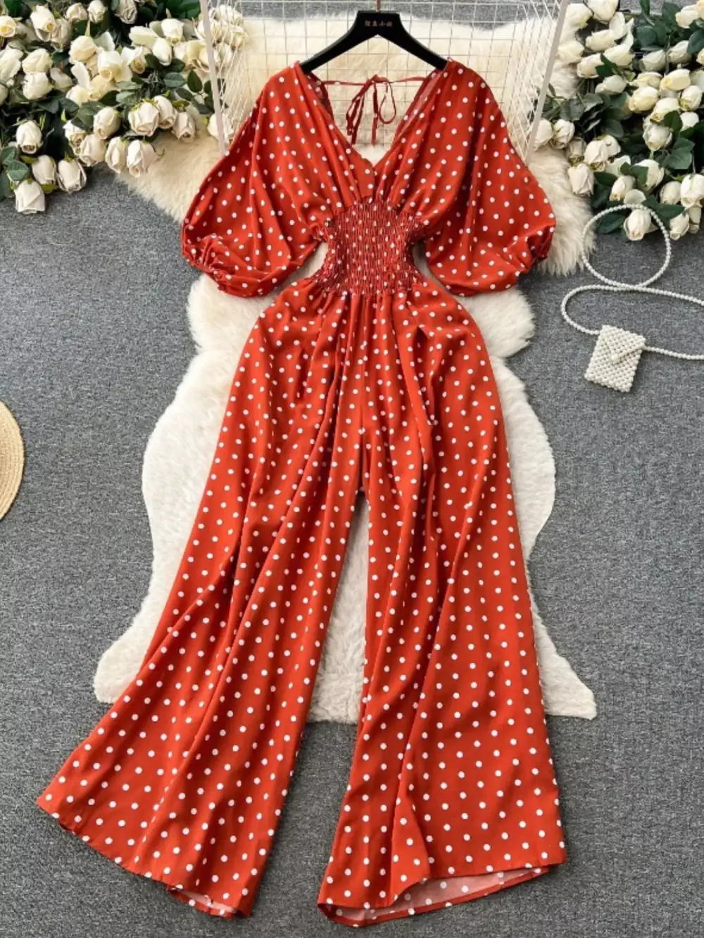 Smocked V Neck Wide Leg Jumpsuit