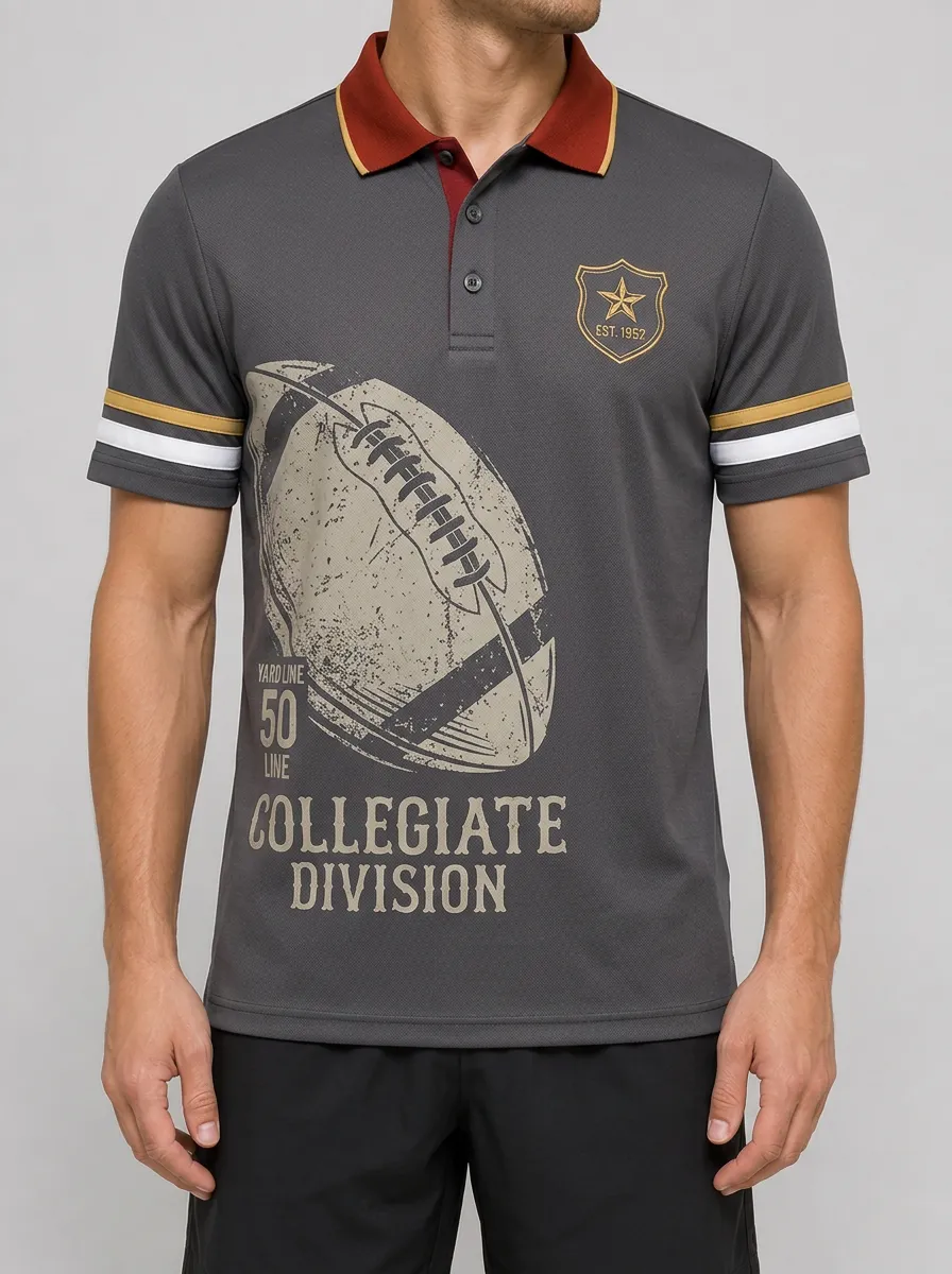 Men's American Football Collegiate Division Printed Polo Shirt