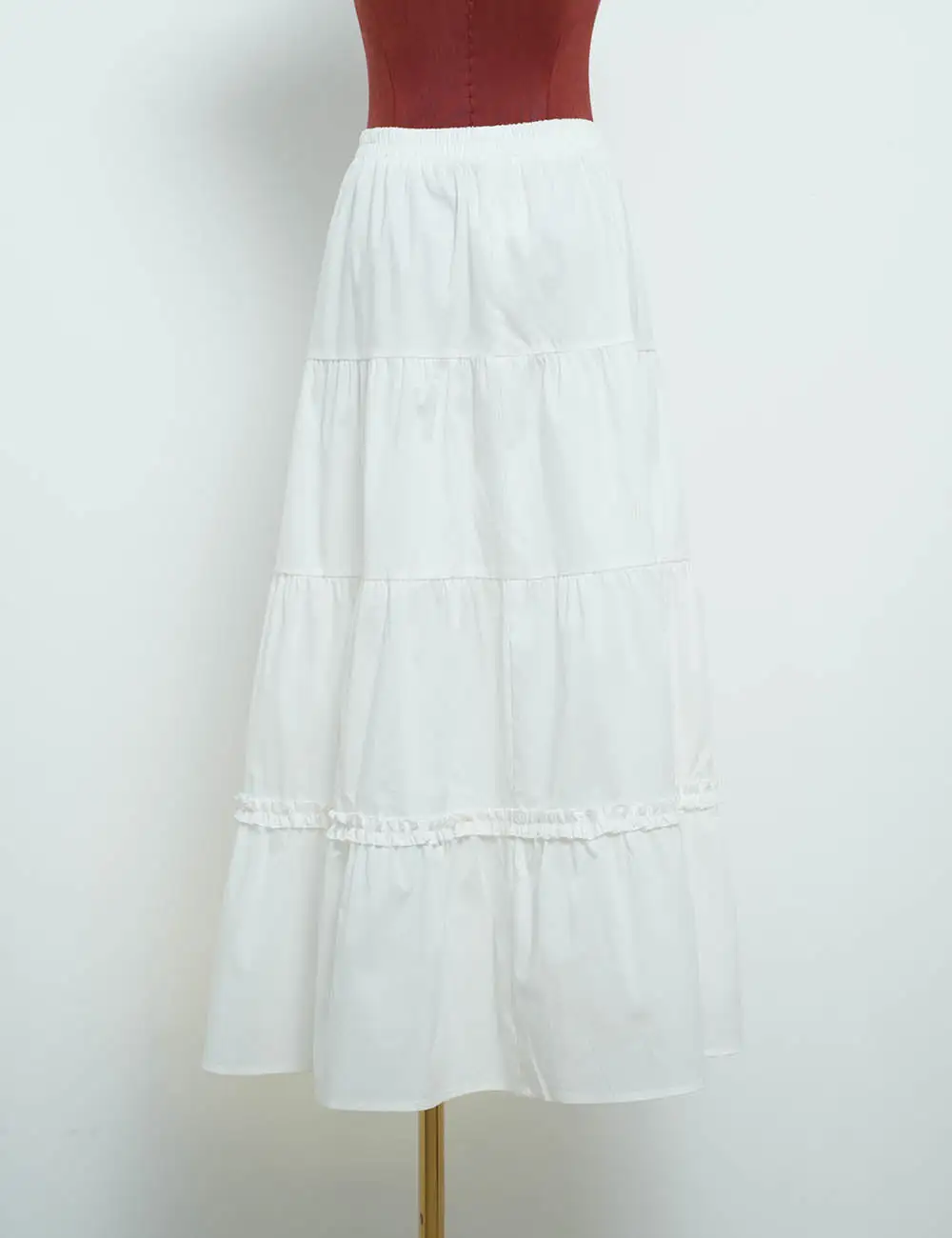 Tiered Hem Elastic Waist Solid Color Midi Skirt
