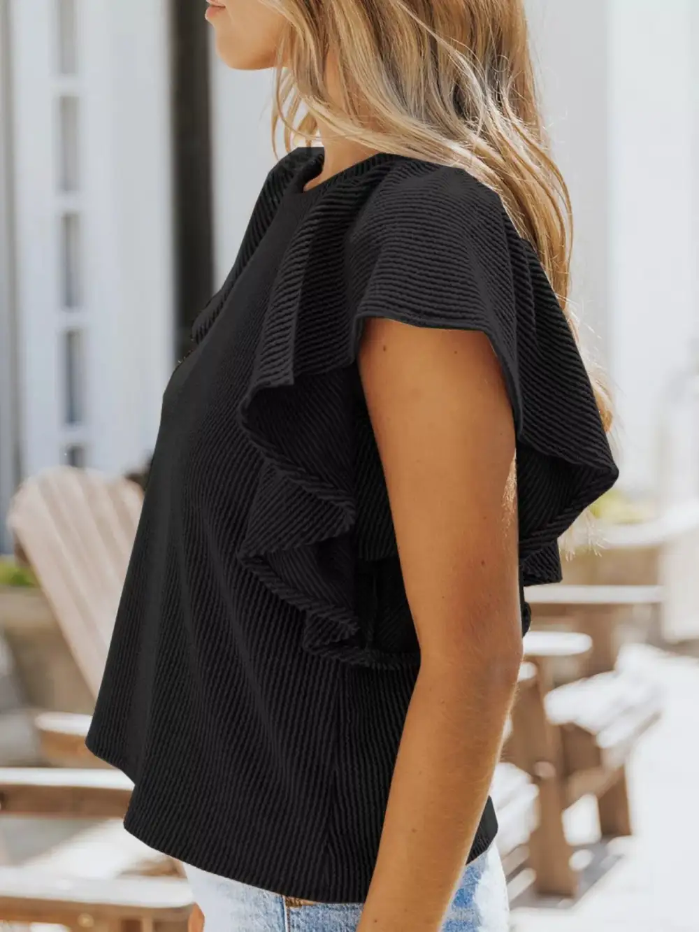 Ruffled Sleeve Ribbed Knit T Shirt Plus