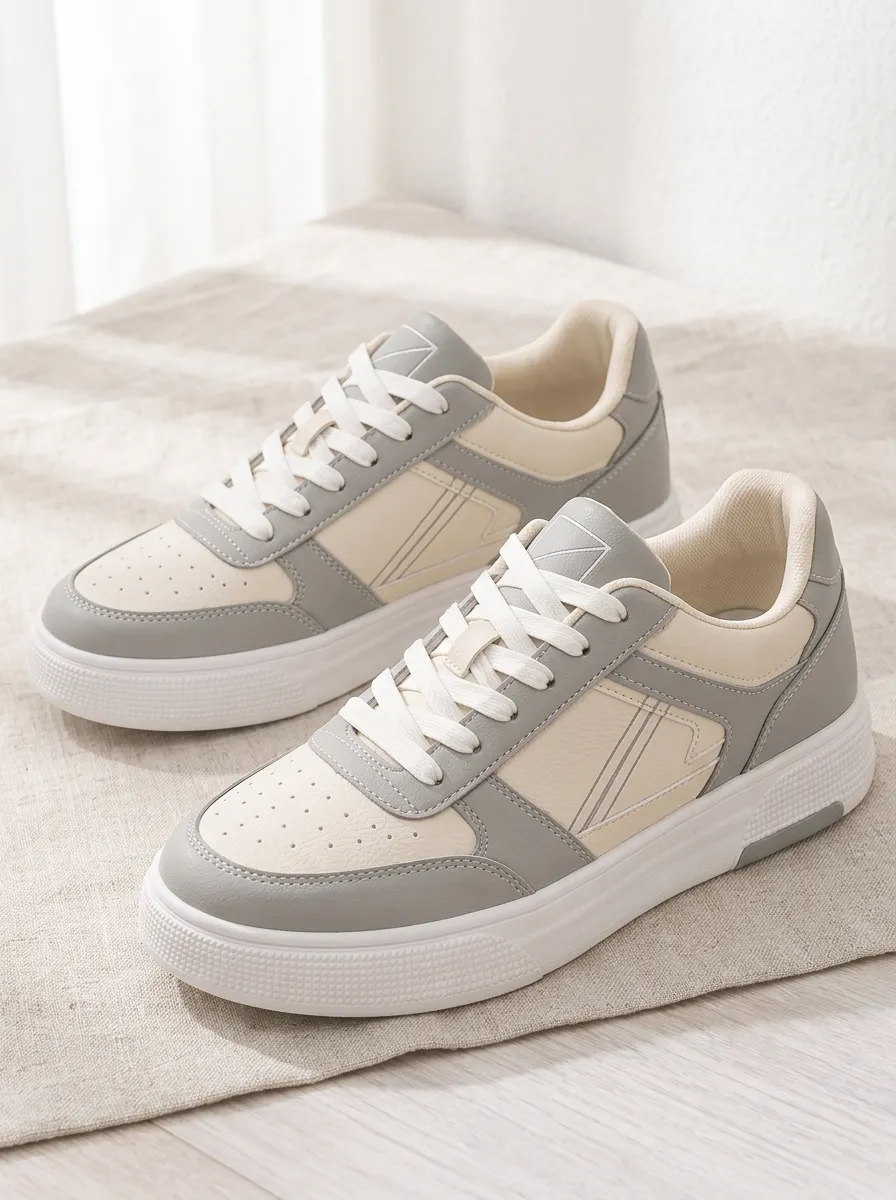 Women's Minimalist Grey Beige Colorblock Printed Sneakers