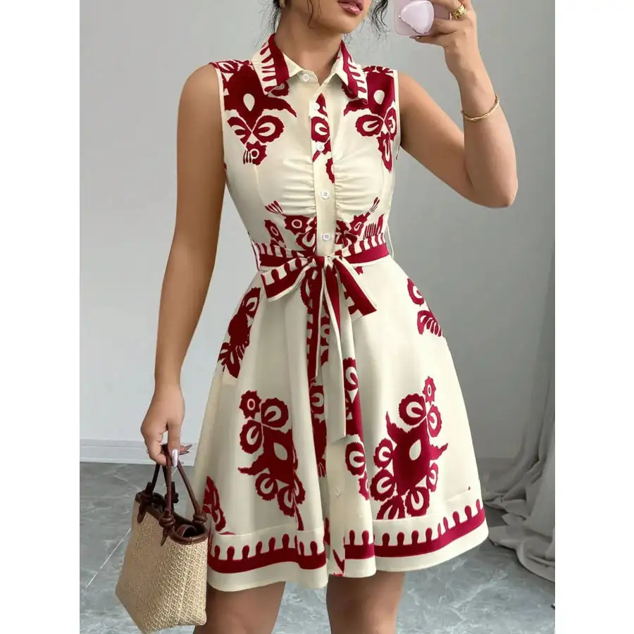 Printed Sleeveless Tie Waist Mini Dress