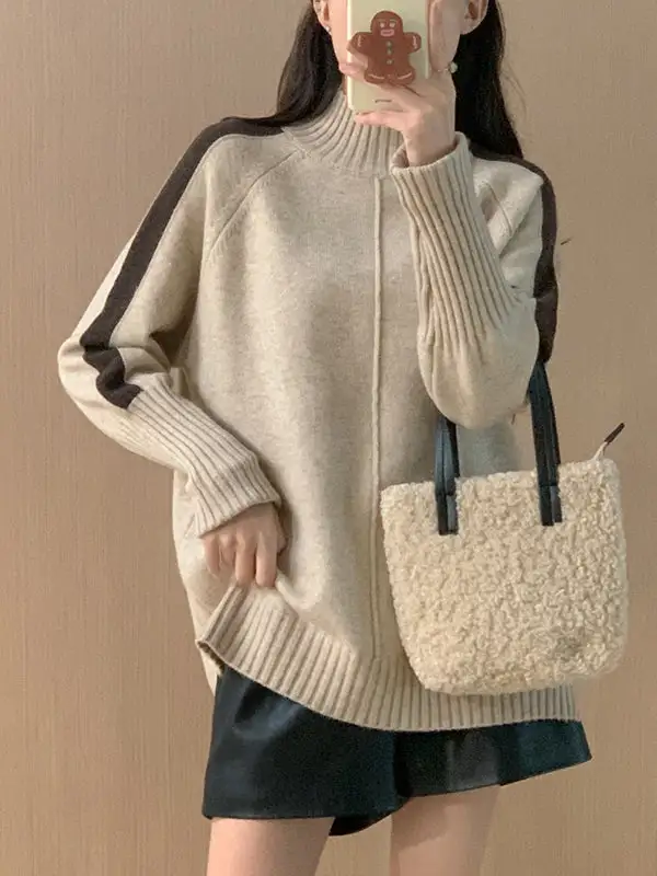 High Low Split Hem Paneled High Neck Long Sleeve Pullover Sweater