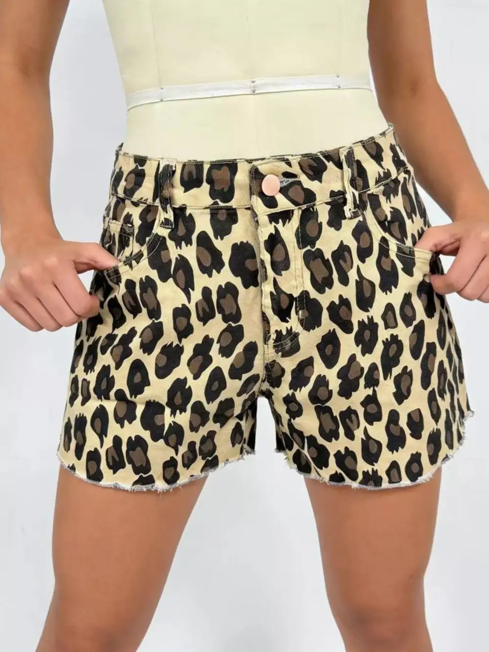 Weekend Buttoned Raw Hem High Waist Pocketed Shorts