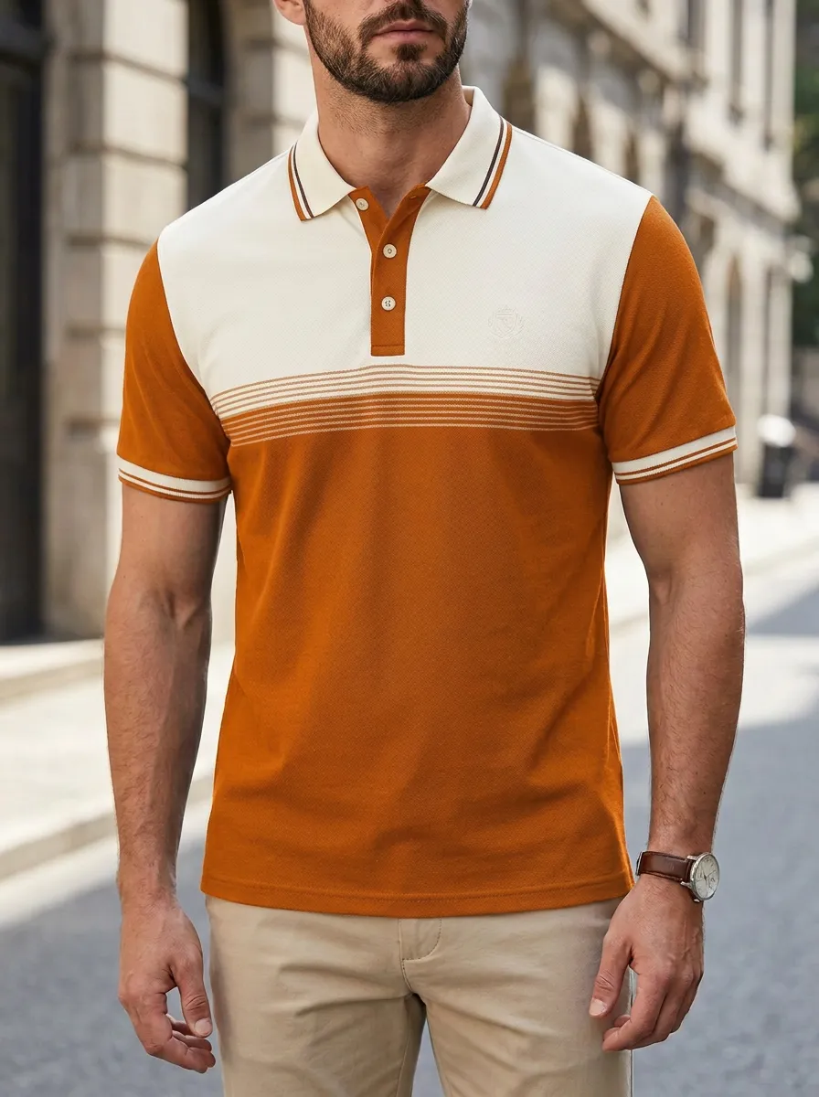 Men's Textured Colorblock Striped Polo Shirt