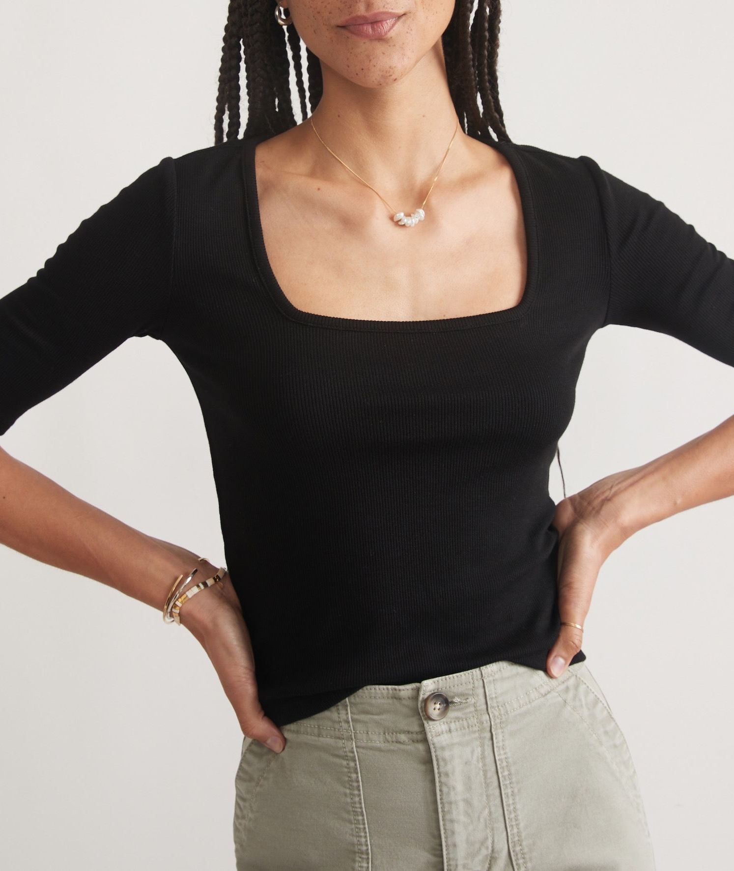 Ribbed Square Neck Fitted Shirt