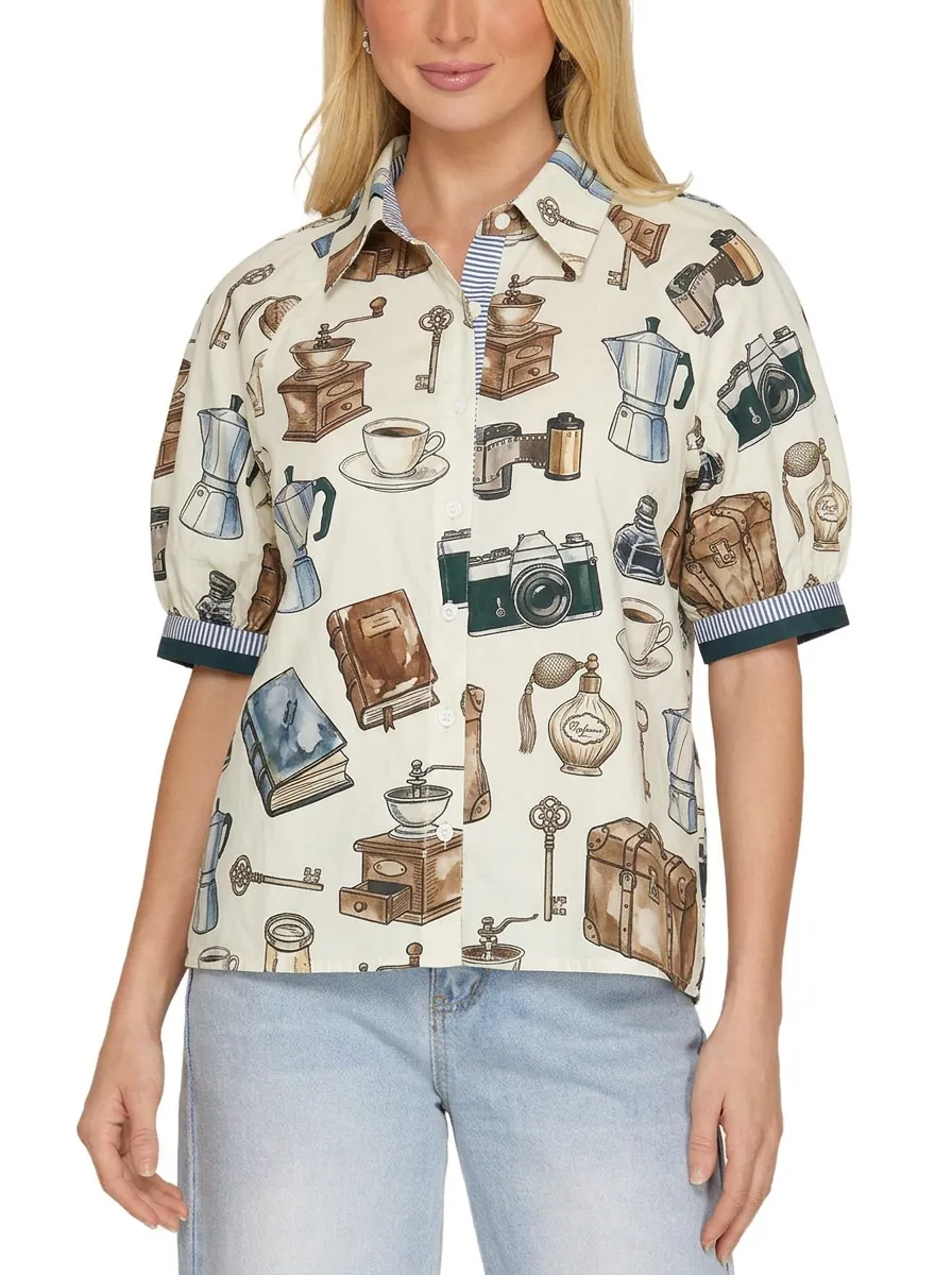 Women's Vintage Hobby Lover Camera Coffee Book Printed Shirt