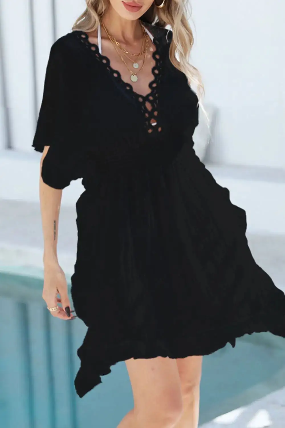 Ruffled Smocked Waist V Neck Swim Cover Up