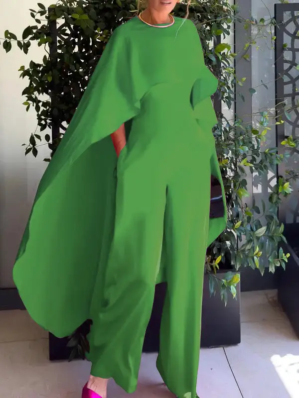 Cape Losse Zakken Effen Kleur Jumpsuits Met Ronde