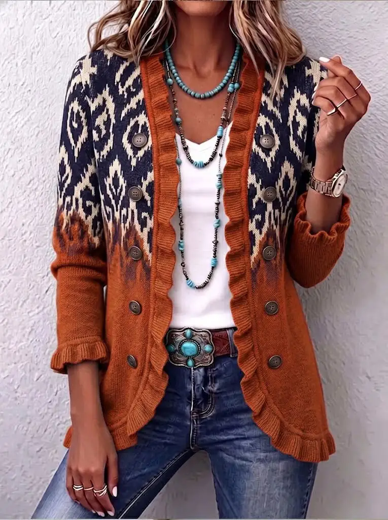 Women S Southwestern Aztec Knit Cardigan Rust Boho Button Front Sweater Jacket