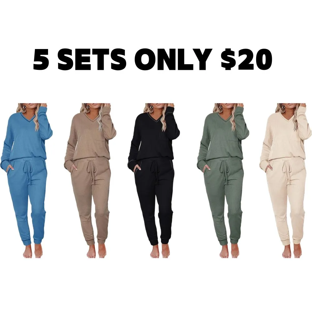 Women's Long Sleeve Knit Loungewear Set Jogger Pants Outfit