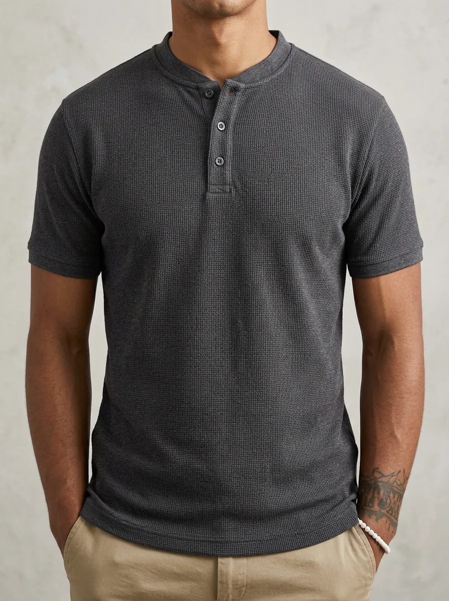 Men's Waffle Knit Button Placket Henley Shirt