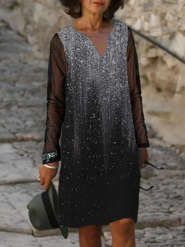Printed V-neck Lace Splicing Dress
