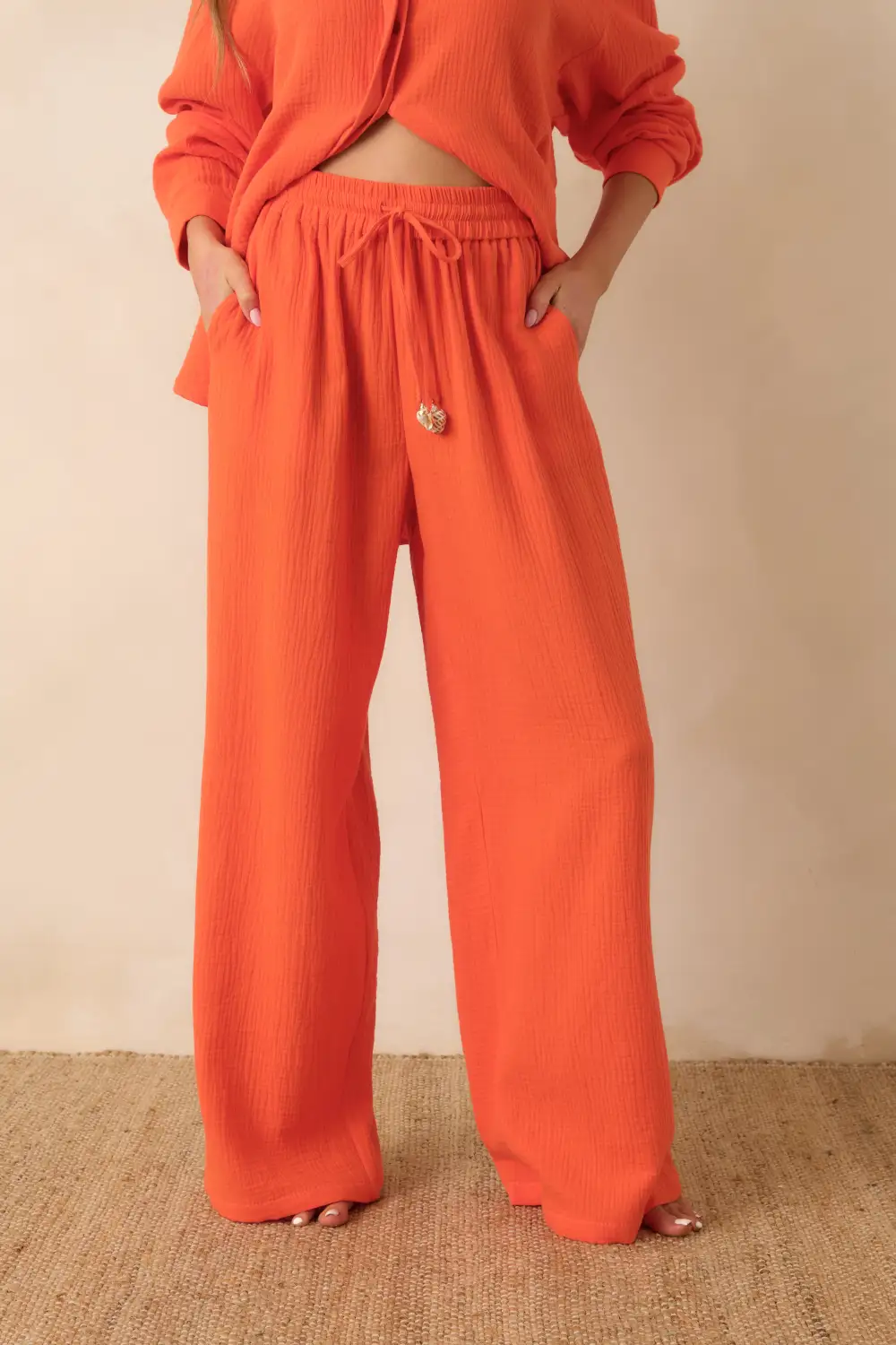Orange Textured Wide Leg Drawstring Pants