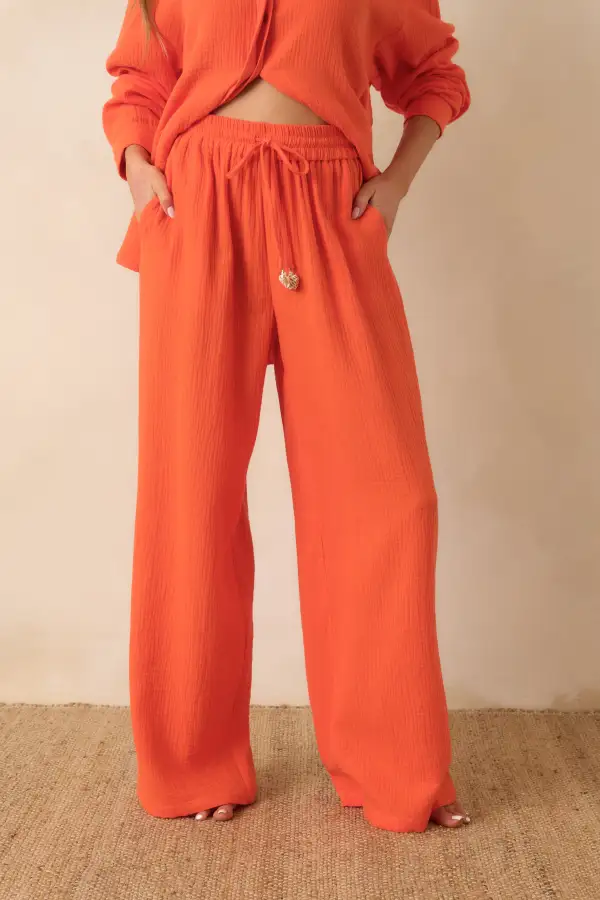 Orange Textured Wide Leg Drawstring Pants