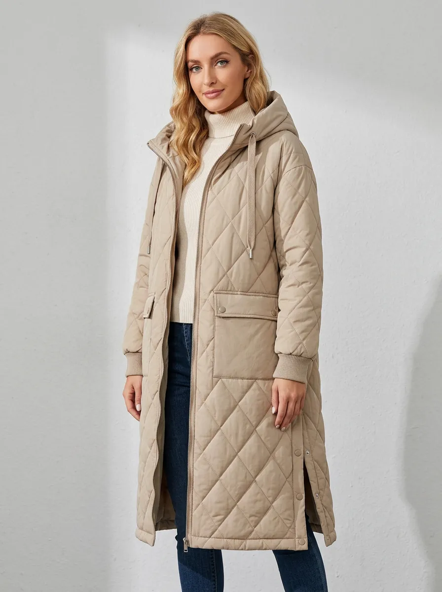 Comfort Diamond-Quilted Long Hooded Coat
