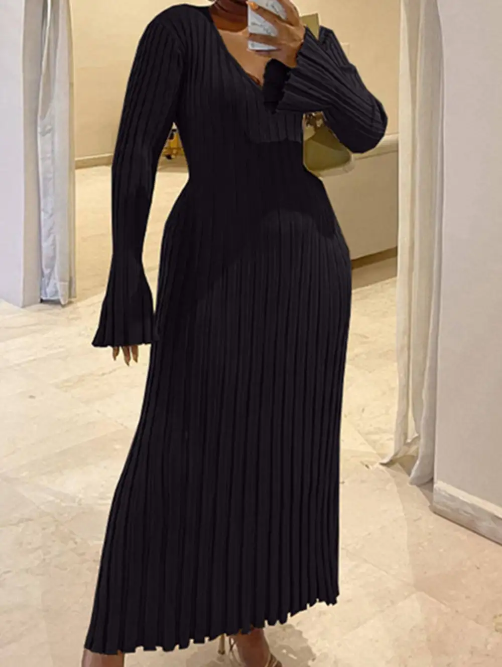 Fitted Waist Ribbed Knit Dress