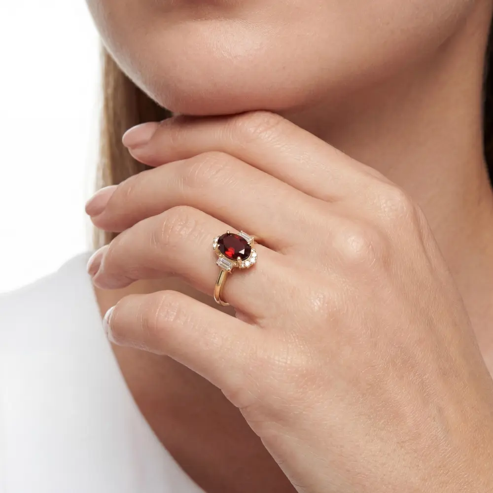 Simulated Ruby Oval Baguette Ring