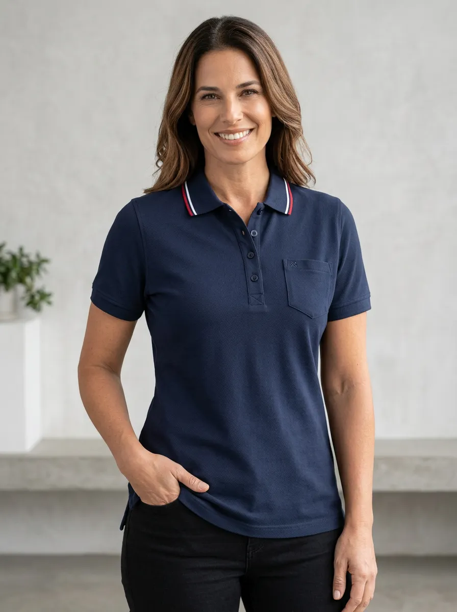 Women's Navy Blue Striped Collar Pocket Polo Shirt