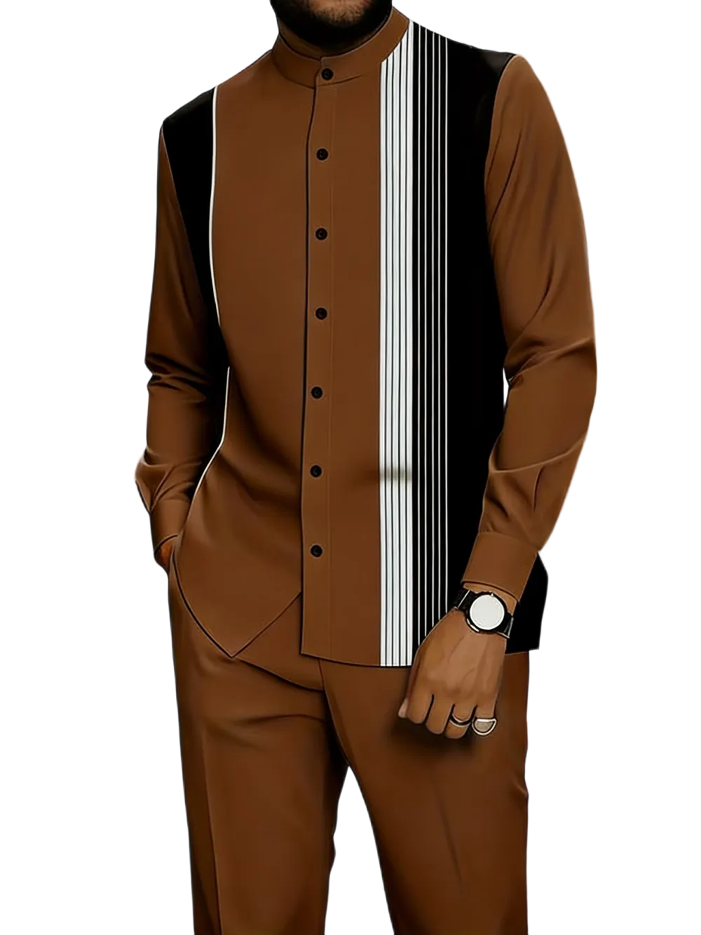 Men's black and white striped button-down shirt with drawstring waist casual pants