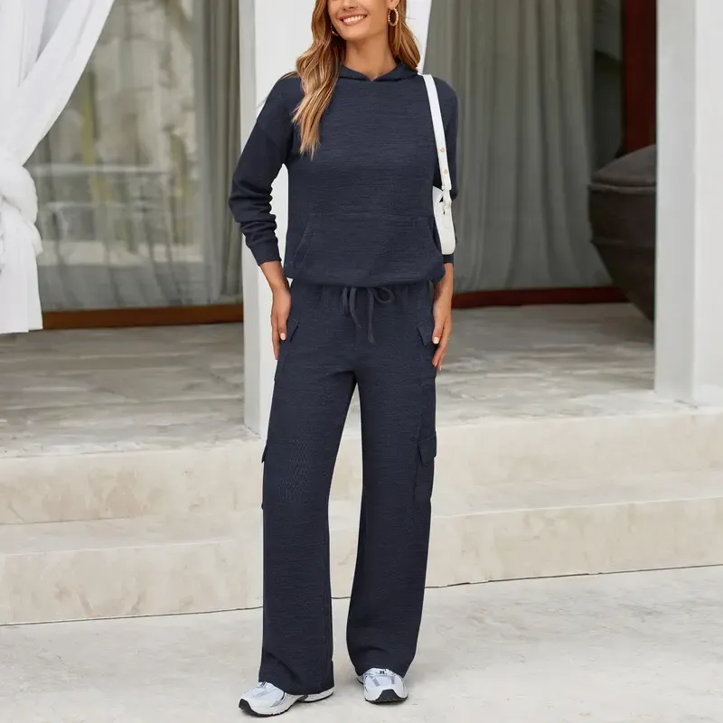 Women's 2-Piece Knitted Sets Hoodie & Wide Leg Pants with Pockets Drawstring