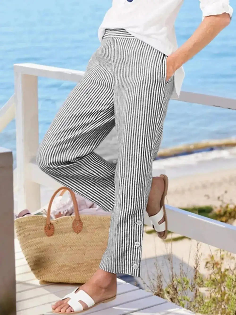 Striped Side Button Detail Plus Pants