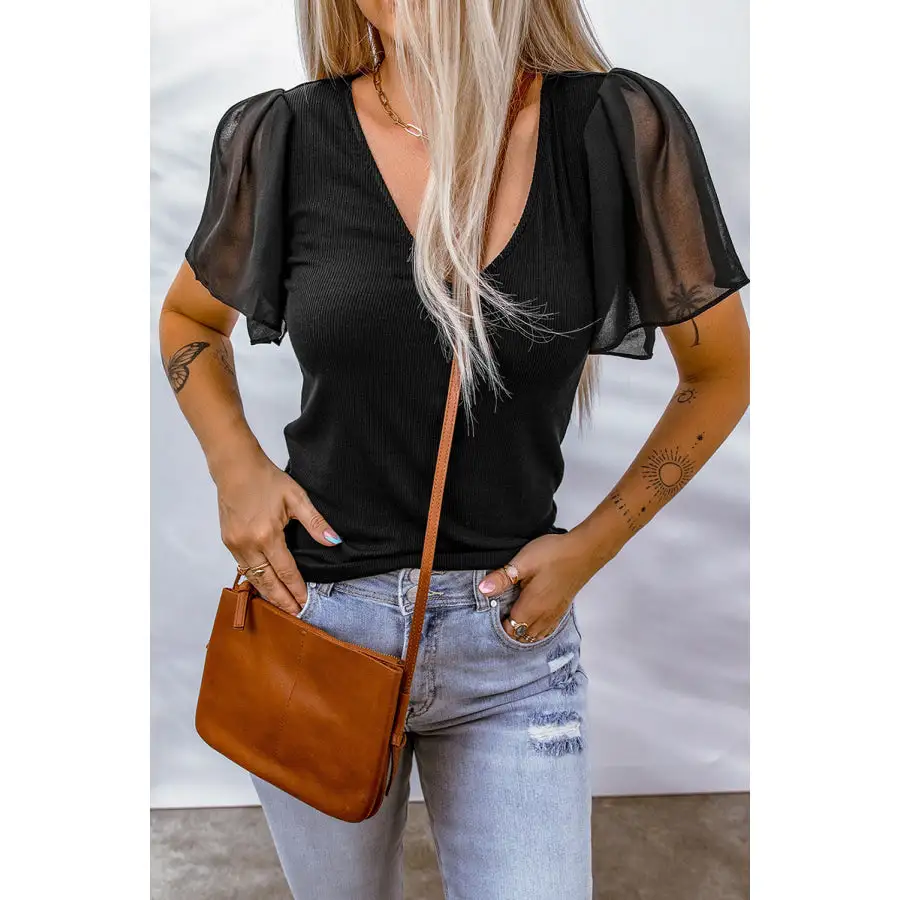 V-neck Short Sleeve Blouse