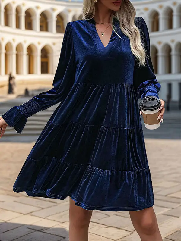 A Line Long Sleeve Pleated Solid Color Velvet V Neck Mini