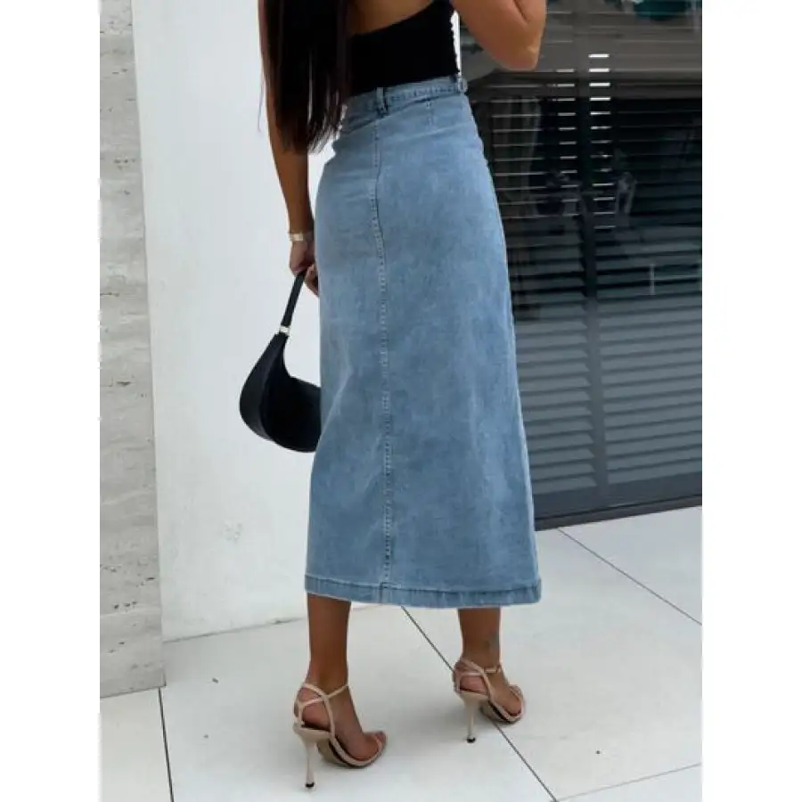Front Button Slit Midi Denim Skirt