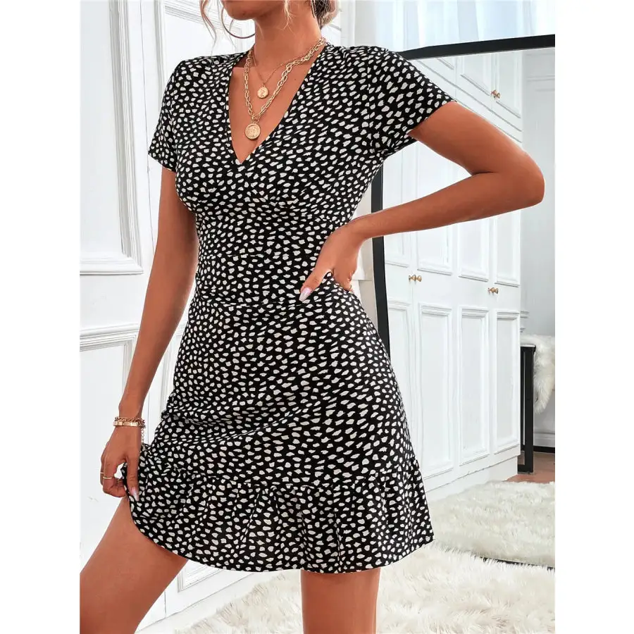 Ruffled Hem V-Neck Short Sleeve Mini Dress