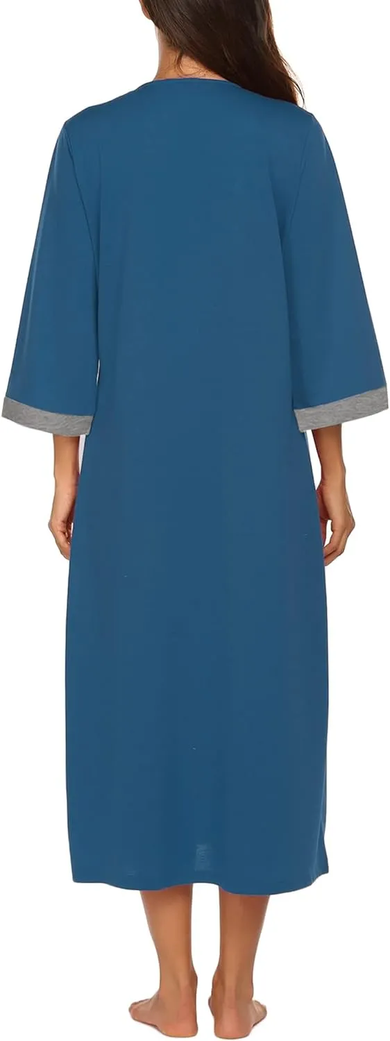 50% OFF Women Zipper Robe 3/4 Sleeves Loungewear Dress Full Length Sleepwear Pockets Housecoat Nightgown Long Bathrobe