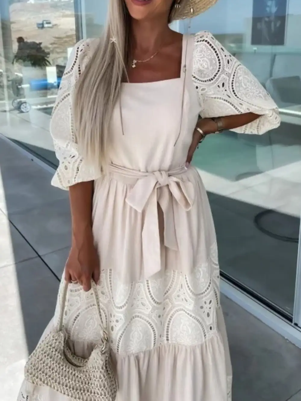 Lace Tie Waist Ruffle Maxi Dress