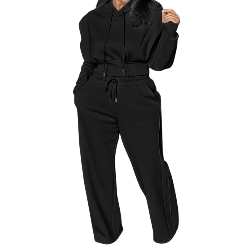 Hooded Long Sleeve Sweatshirt and Casual Wide Leg Sweatpants Set