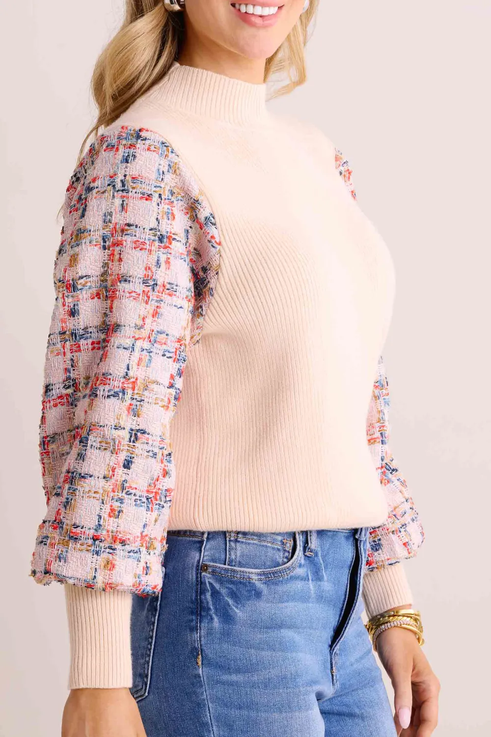 Beige Tweed-Knit Contrast Sleeve Mock Neck Sweater