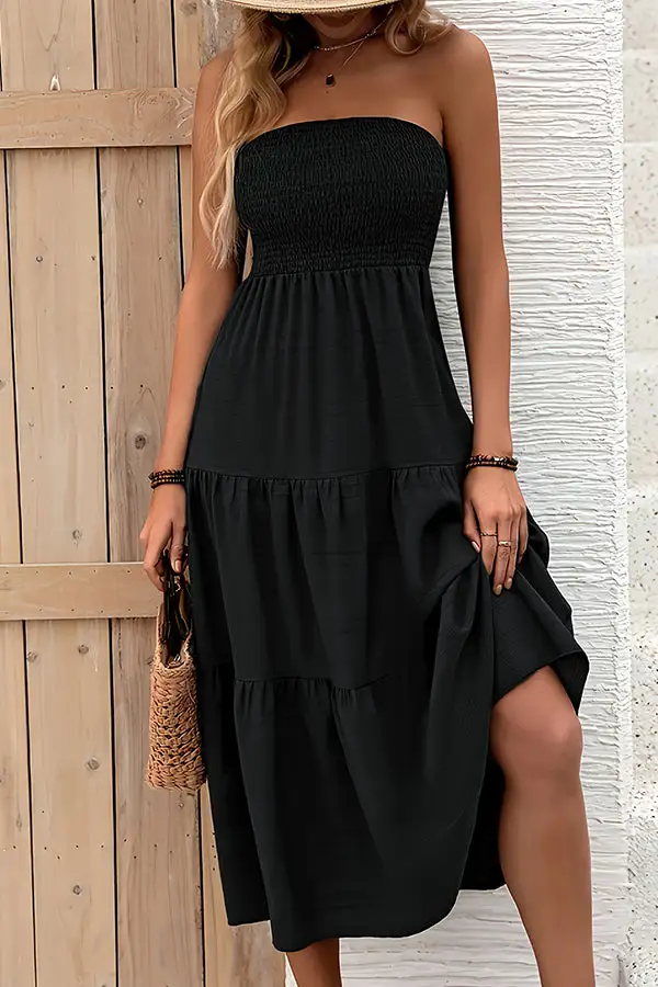 Bandeau Smocked Solid Color Midi Dress