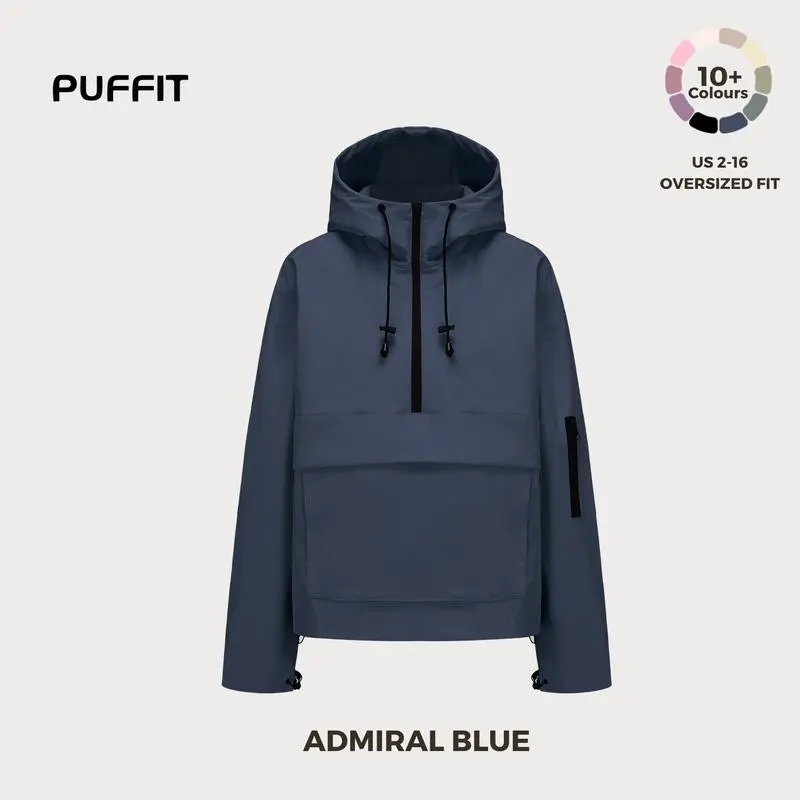 STM-TEX Waterproof Oversized Fall Hoodie Coat – Warm Half Zip Rain Jacket with Adjustable Waist, Hood & Cuffs